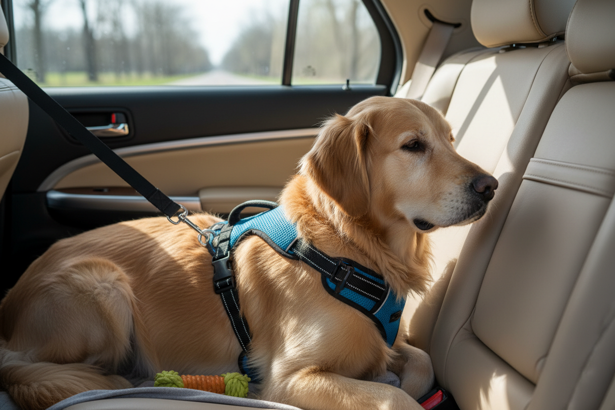 ✅ Cane seduto tranquillo sul sedile posteriore
✅ Cintura ben visibile agganciata alla cintura auto
✅ Inquadratura laterale, non troppo lontana
❌ NO collage
❌ NO testi sull’immagine